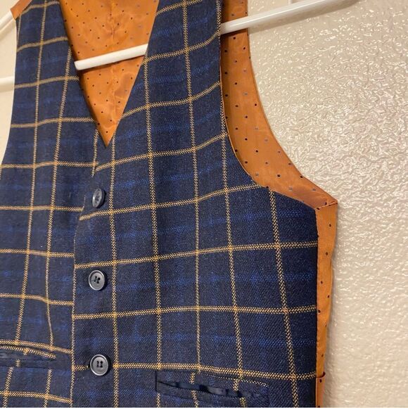 Romano Boys kids Navy blue plaid tweed orange lined formal dress up vest suit 9 - Picture 2 of 9